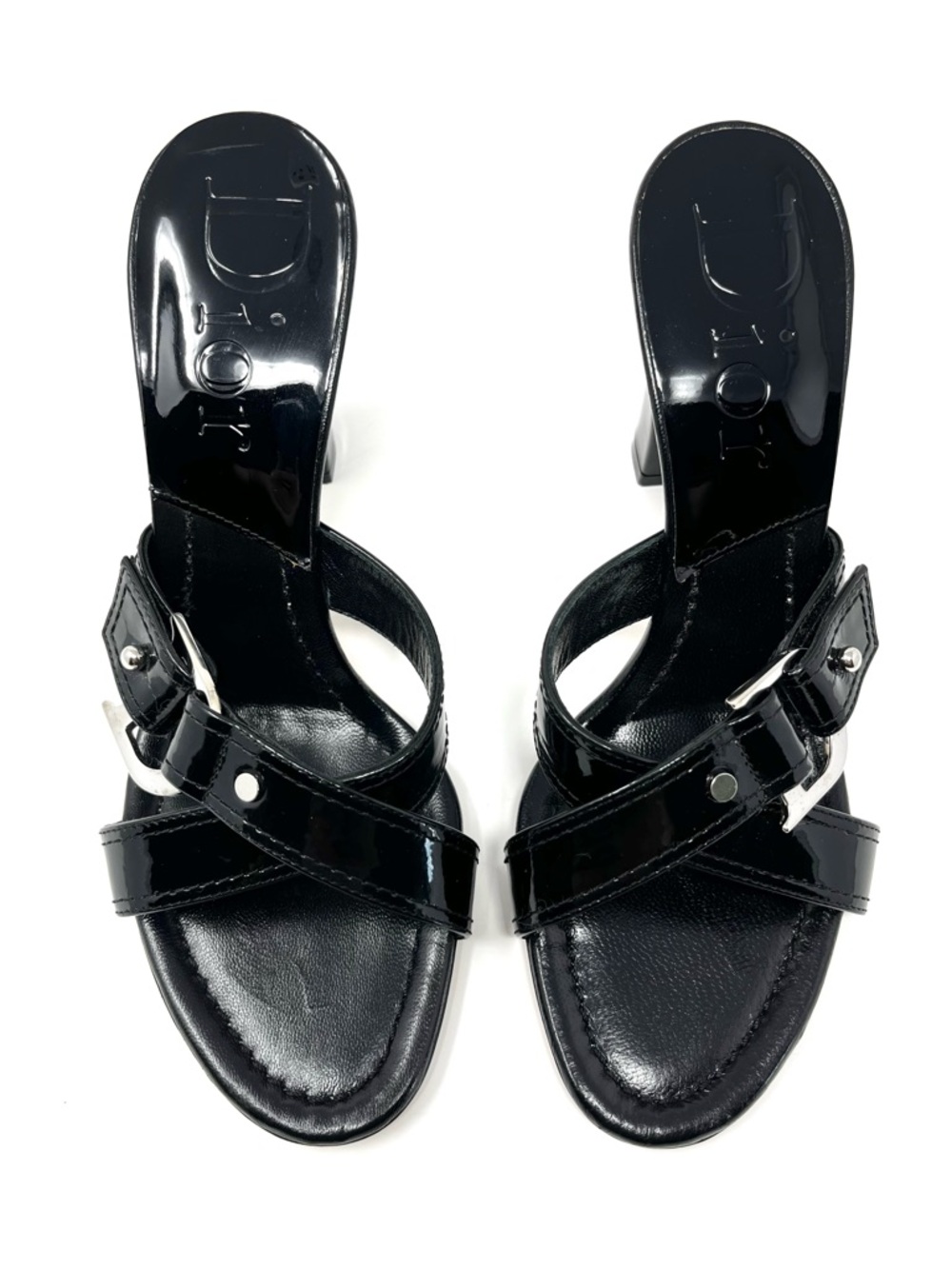Vintage Christian Dior Galliano Y2K Black Patent D Buckle Sandals Heels 36.5 6.5 - Picture 3 of 11